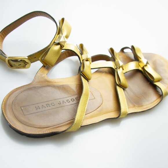 Marc Jacobs Gold Bow Studs Leather Buckle Flats Gladiator Wedding Sandals 39 8.5 - Picture 7 of 12